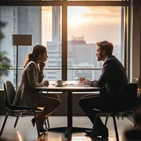 a woman talking to a man across a round table