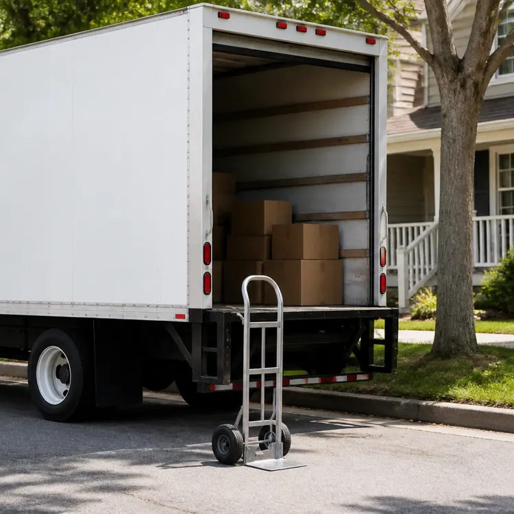 Moving truck parked on a residential street with boxes inside and a hand truck nearby