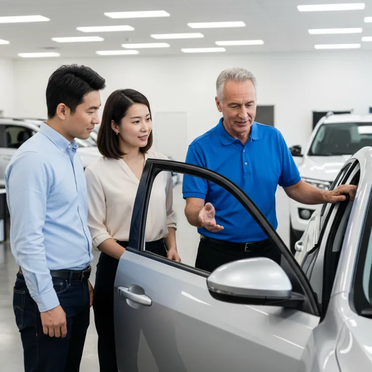 A couple discusses car features with a salesperson at a dealership showroom.