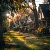 a row of houses with front lawn