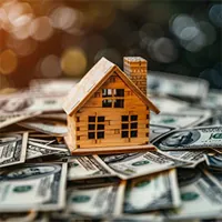 wooden model house set on top of a pile of dollar bills