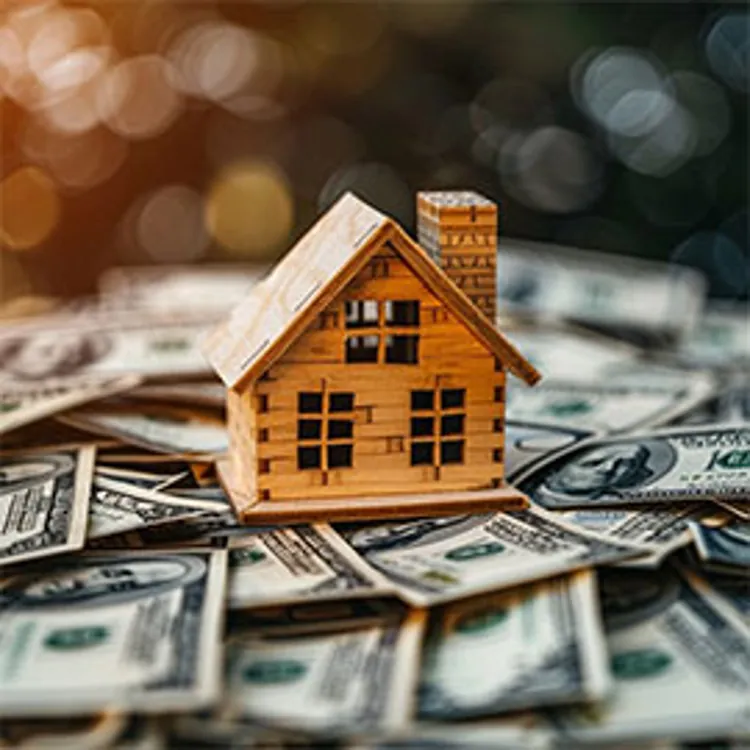 wooden model house set on top of a pile of dollar bills