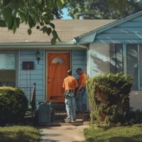 a couple of repairmen by the front door of a house