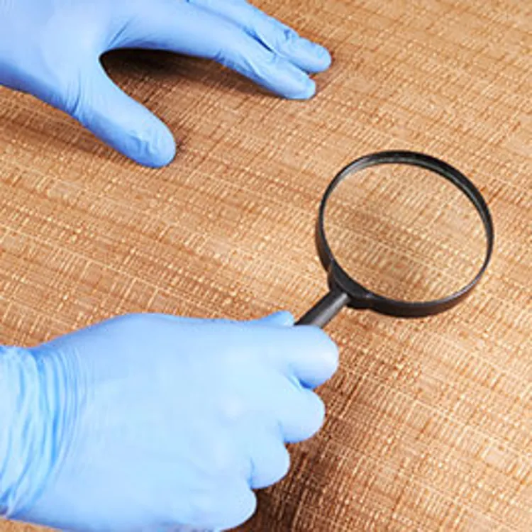 gloved hands holding magnifying glass