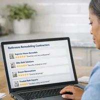 Woman sitting at a table using a laptop displaying online reviews for bathroom remodeling contractors.