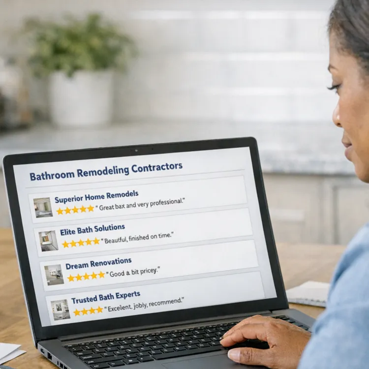 Woman sitting at a table using a laptop displaying online reviews for bathroom remodeling contractors.