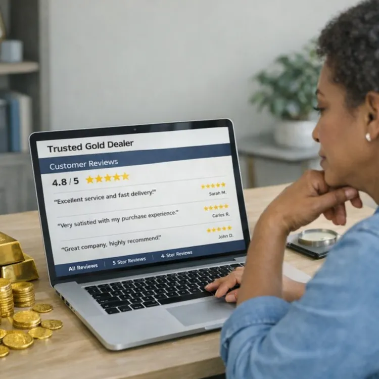 Woman sitting at a desk viewing customer reviews on a laptop with gold bars and coins beside her.
