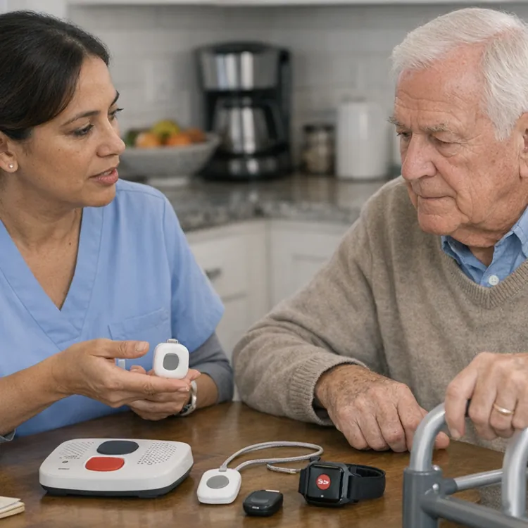 Nurse explaining a medical alert device to an elderly man in a kitchen setting.