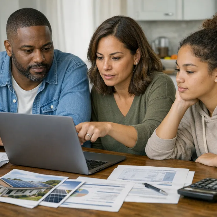Family sitting at a table looking at a laptop with documents and a calculator spread out.