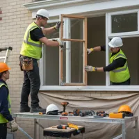 Three construction workers installing a window on a brick building, wearing safety helmets and vests.