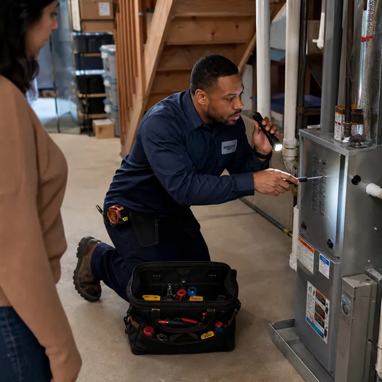 Technician kneeling by furnace with tools while homeowner watches in basement