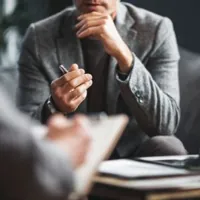 a man in a gray suit sitting and talking to someone