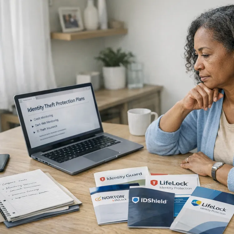 Woman in a blue cardigan sitting at a desk with a laptop displaying identity theft protection plans and various brochures.