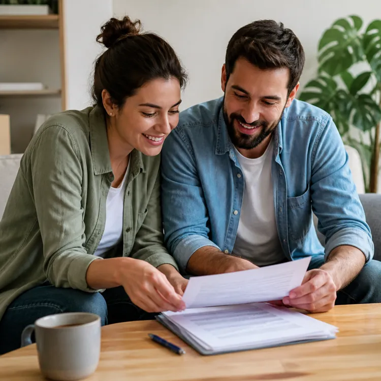 Smiling couple sitting on a couch reviewing documents at a coffee table with boxes in the background