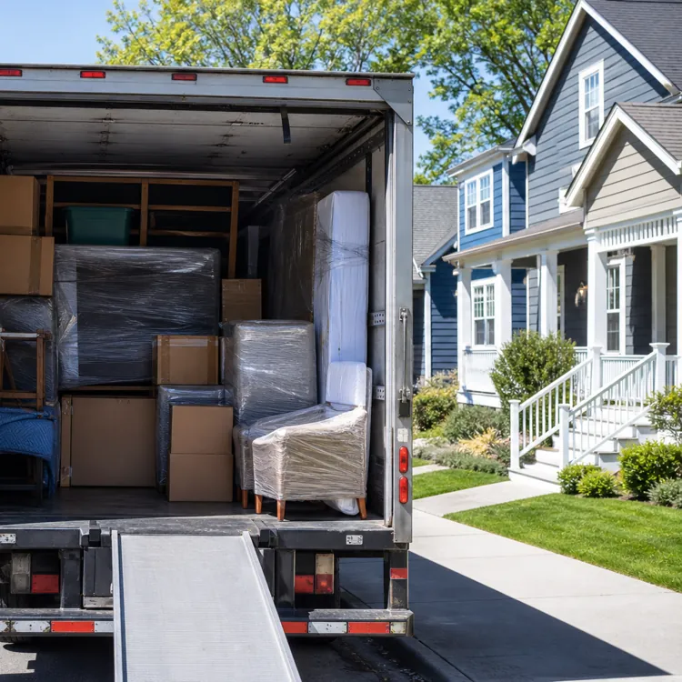 Open moving truck filled with boxes and furniture parked on a suburban street