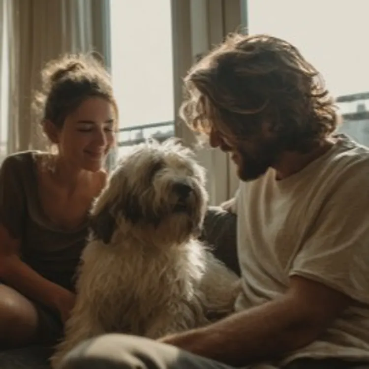 a pet dog sitting in the middle of two people