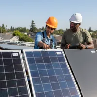 Two engineers wearing hard hats examining solar panels on a rooftop with a residential neighborhood in the background.