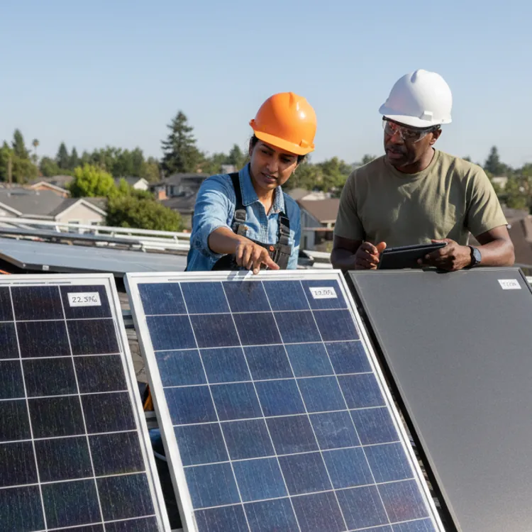 Two engineers wearing hard hats examining solar panels on a rooftop with a residential neighborhood in the background.