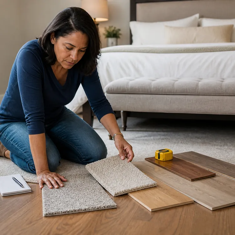 Woman kneeling on the floor comparing carpet and wood flooring samples in a bedroom