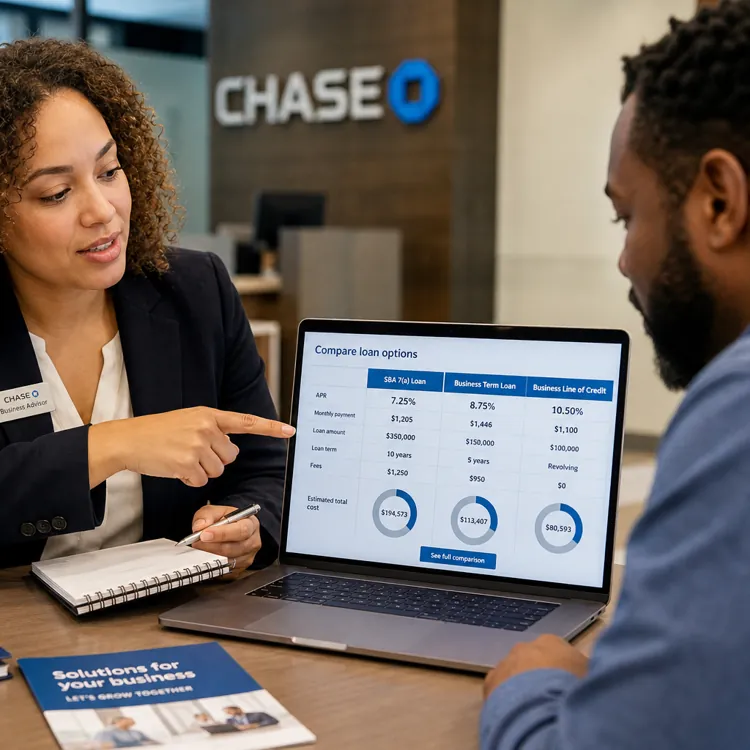 Business advisor showing a loan comparison chart on a laptop to a client at a desk in a bank office