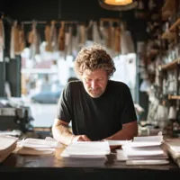 shop owner working on business paper inside his store