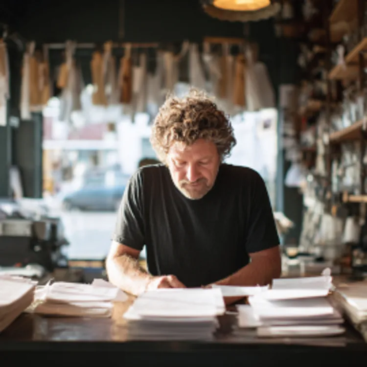 shop owner working on business paper inside his store