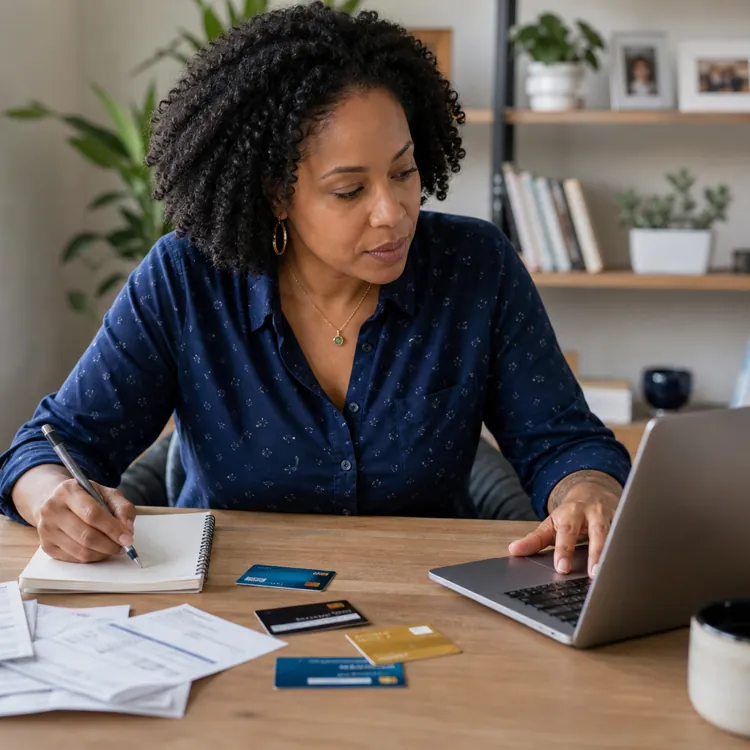 Woman at desk using laptop with credit cards, notebook, and bills spread out in front of her