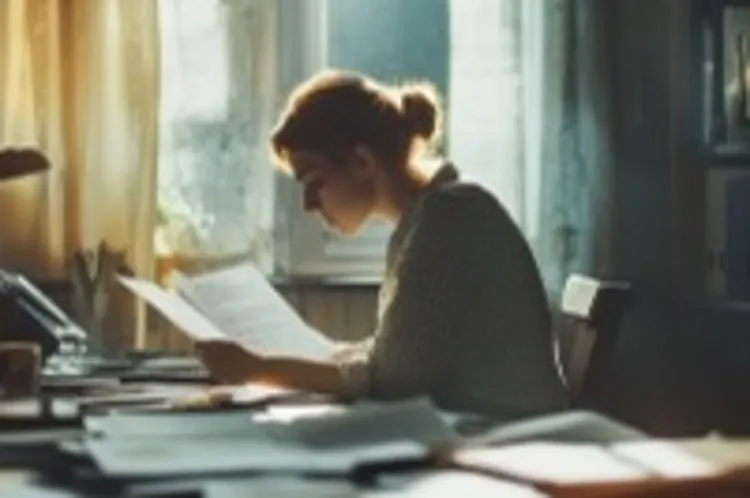 a woman at a desk looking at papers