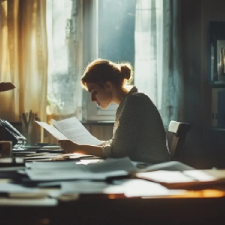 a woman at a desk looking at papers