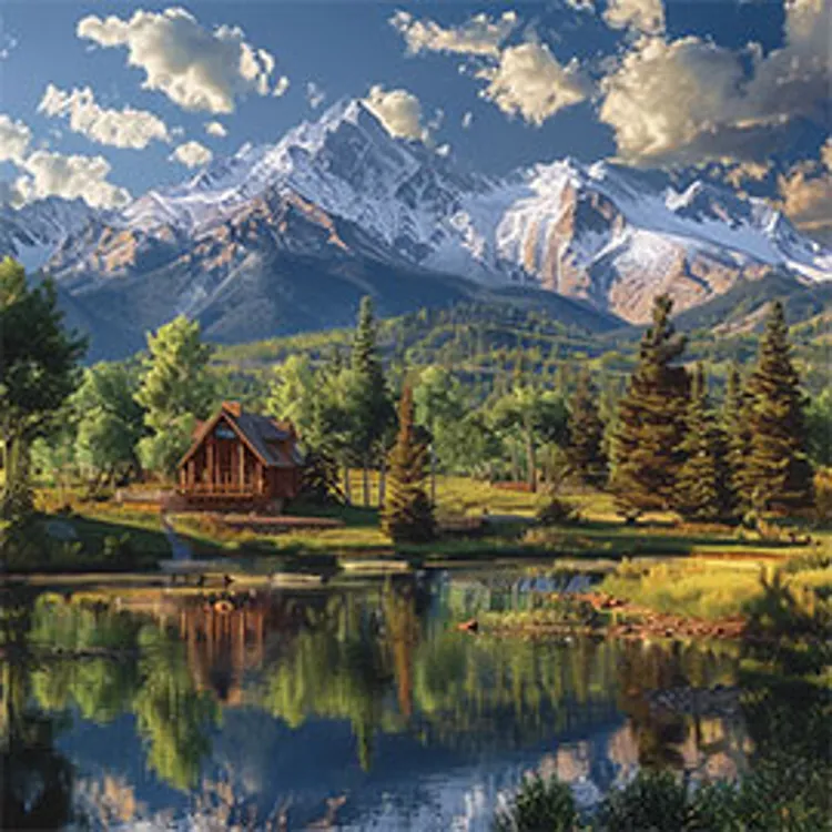 log cabin by a lake with mountains in the background