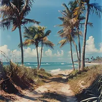pathway leading to a beach in Florida with palm trees along the way