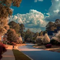 quiet neighborhood street with trees on a cloudy day