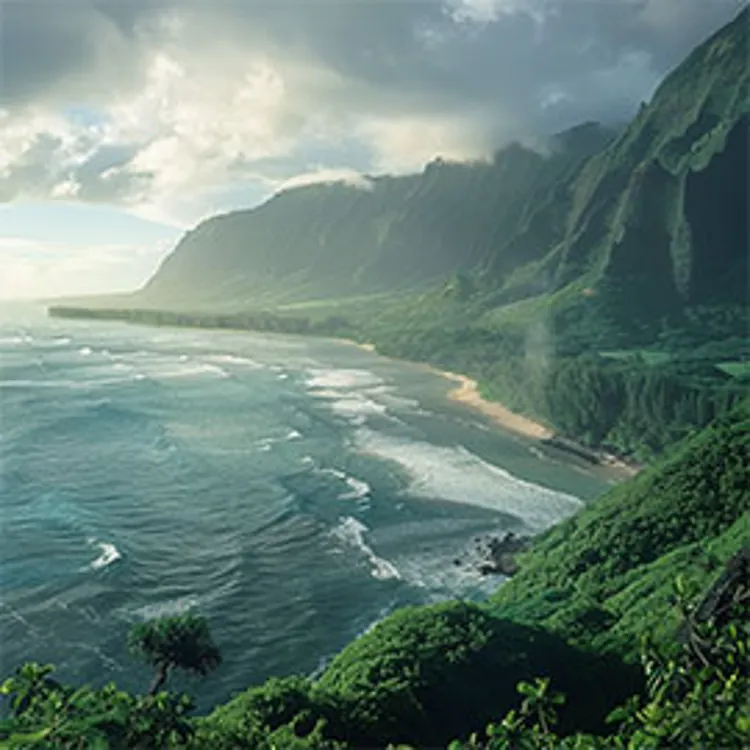 coastline with green mountains in the background