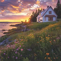 house on a hill with a meadow overlooking the sea