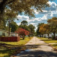 narrow street in between rows of houses and trees