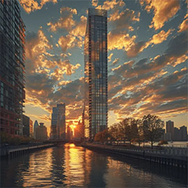 river in front of a skyscraper at sunset