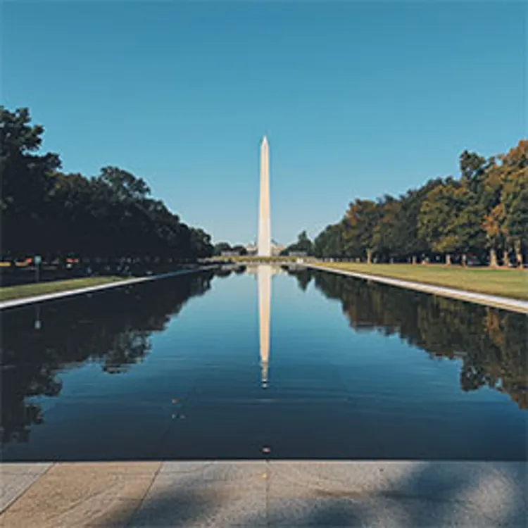 Lincoln Memorial Reflecting Pool in the foreground reflecting the Washington Memorial in the background