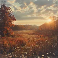 grassy woodland at sunset