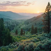 trees in a forest with the sun setting in the background