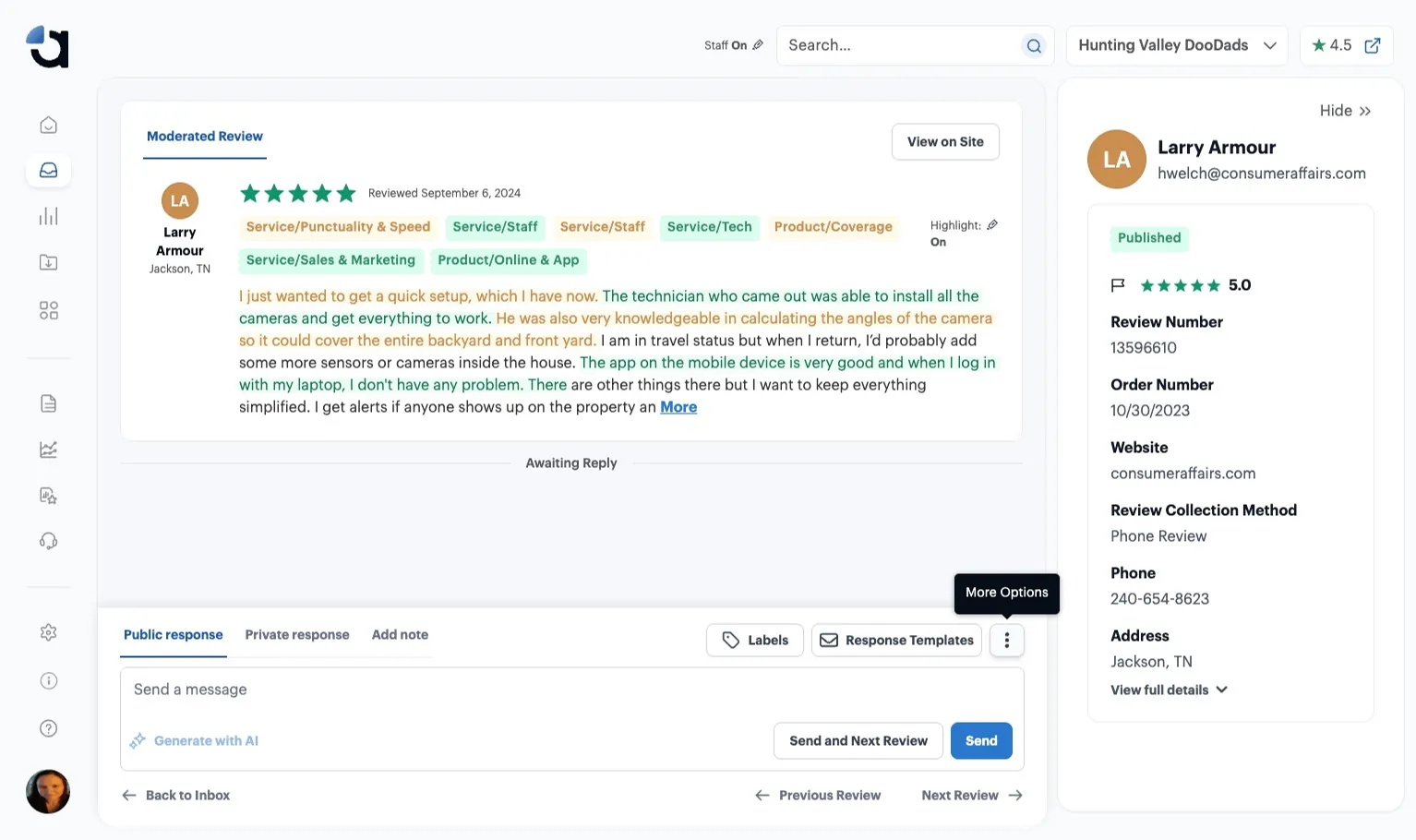 An open review that is not featured yet, with the More Options icon highlighted