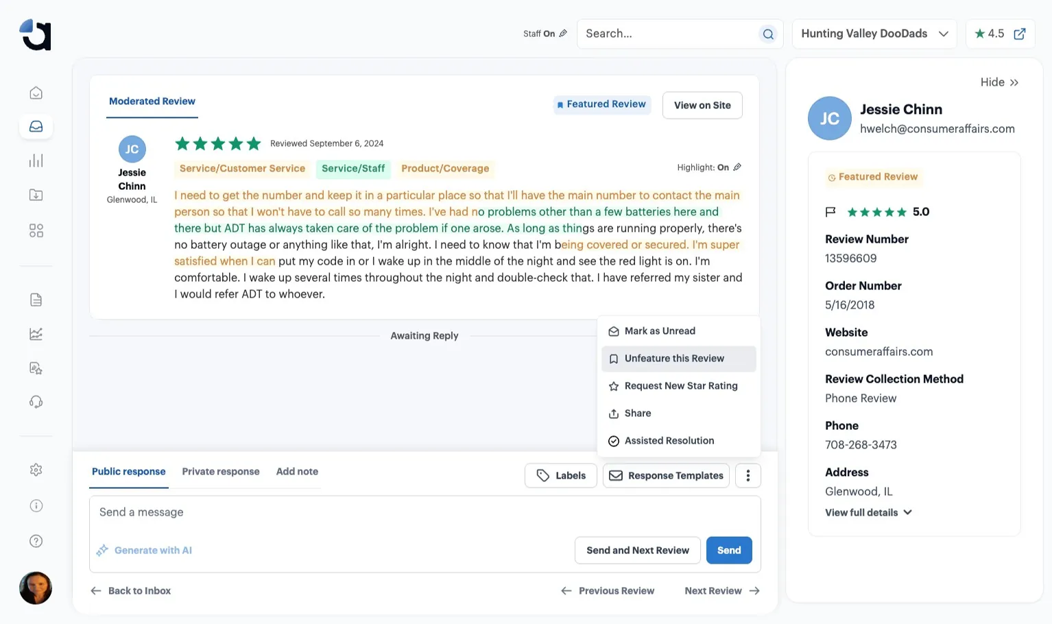 The More Options menu on a Featured Review, with Unfeature this Review highlighted