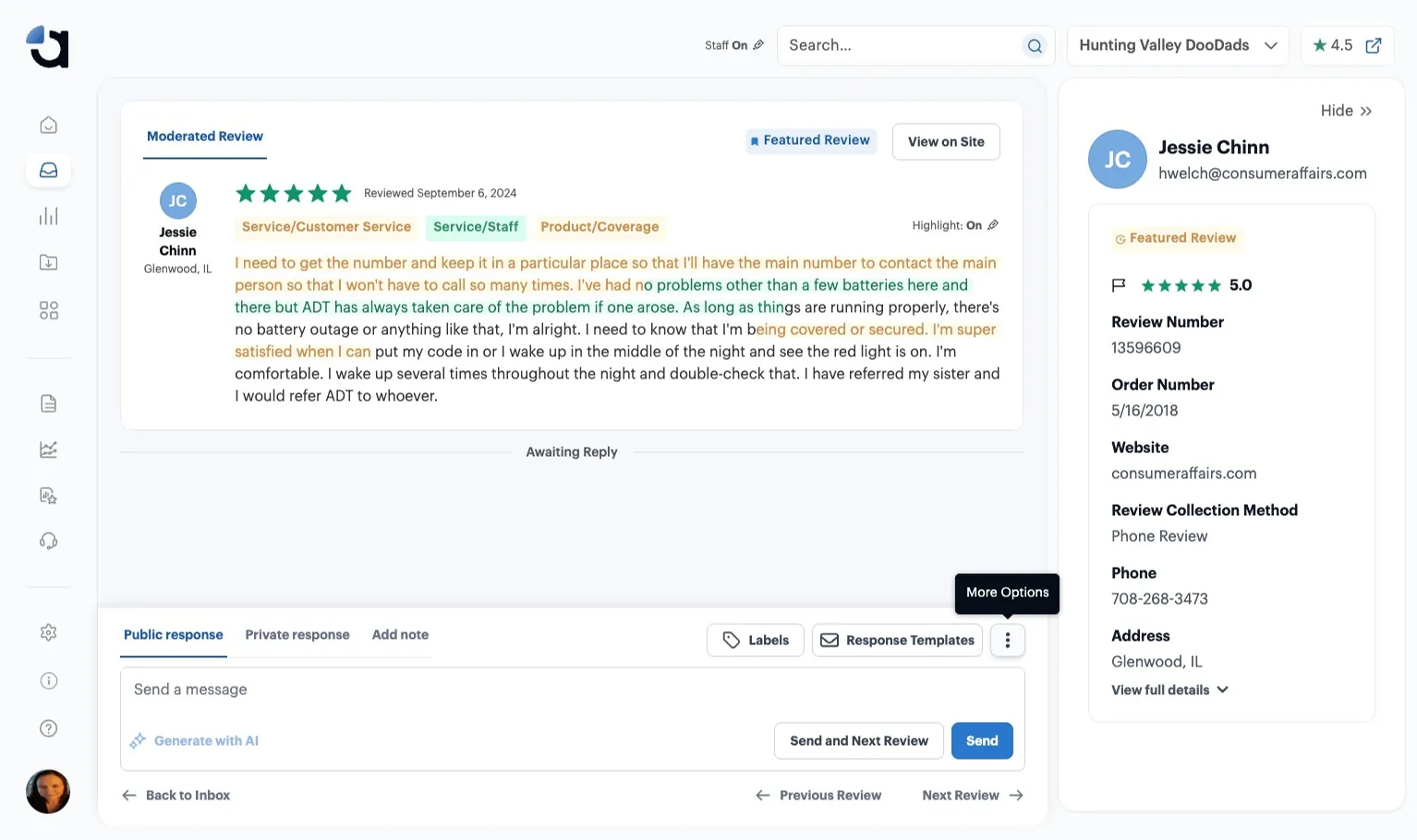 A Featured Review open in Aspect, with the More Options icon next to Response Templates