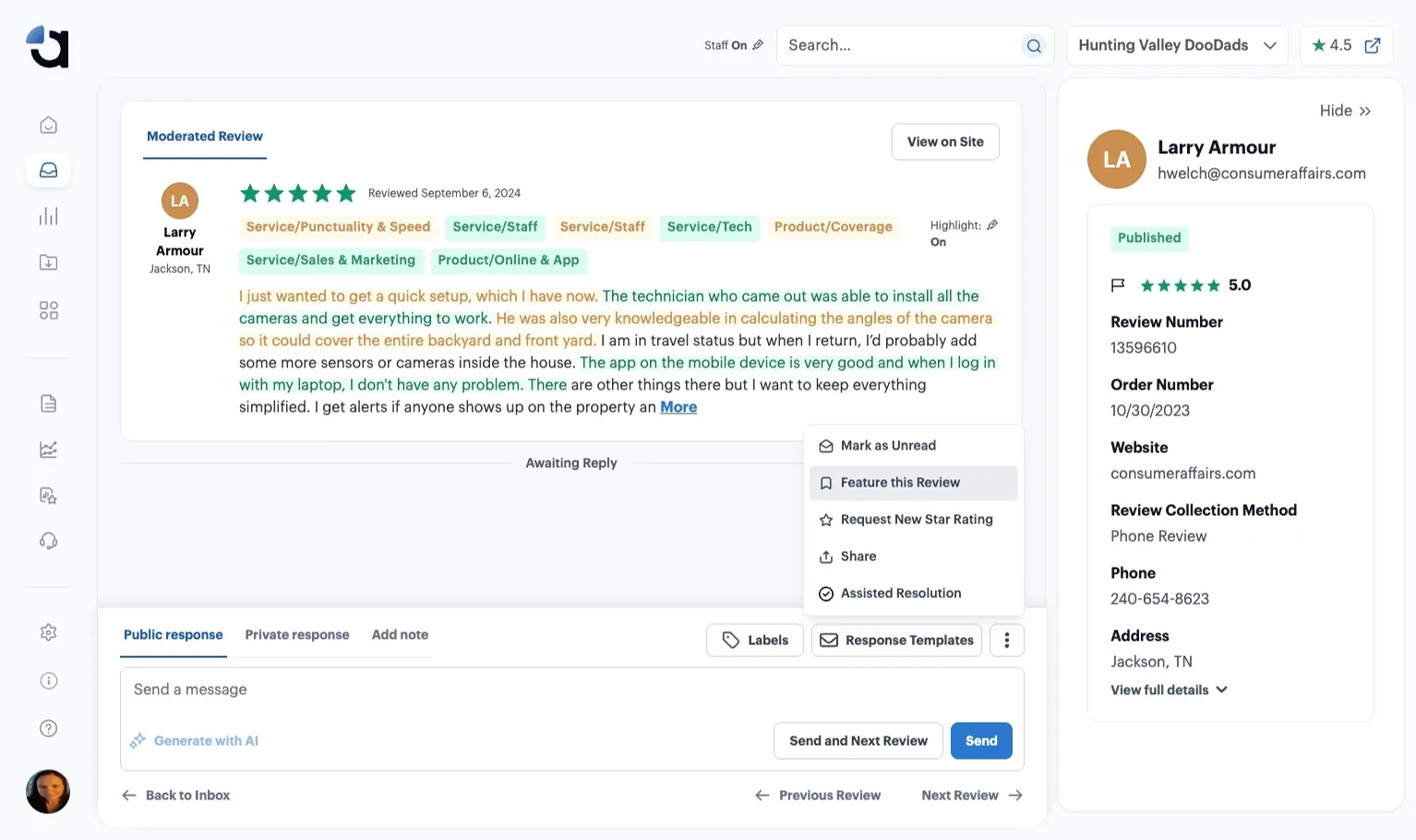 The More Options menu on that review, with Feature this Review highlighted