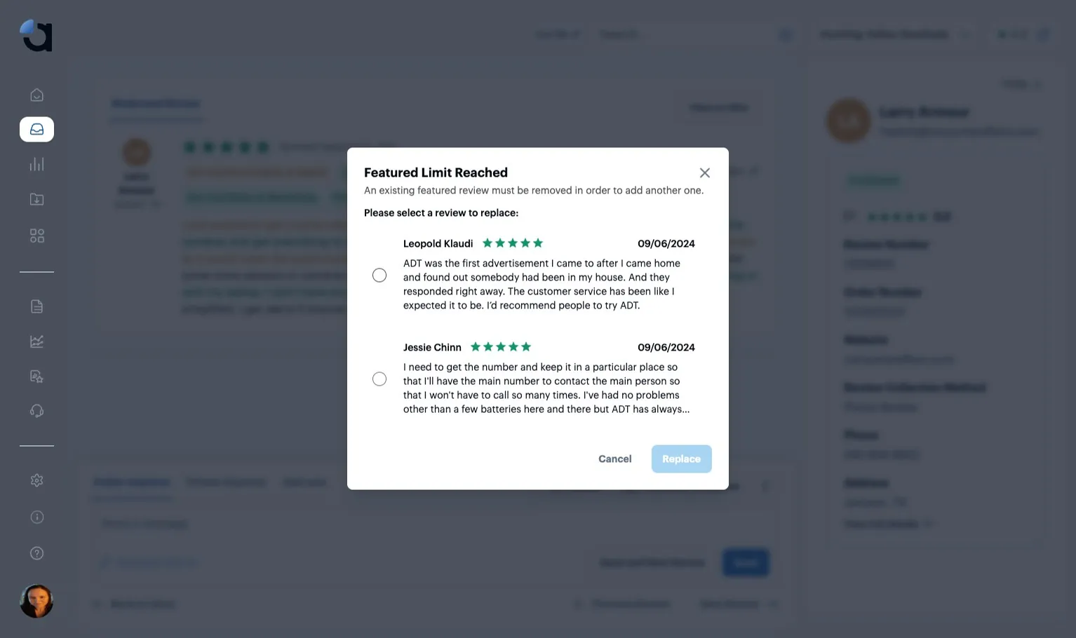 The Featured Limit Reached dialog, asking which current Featured Review to replace