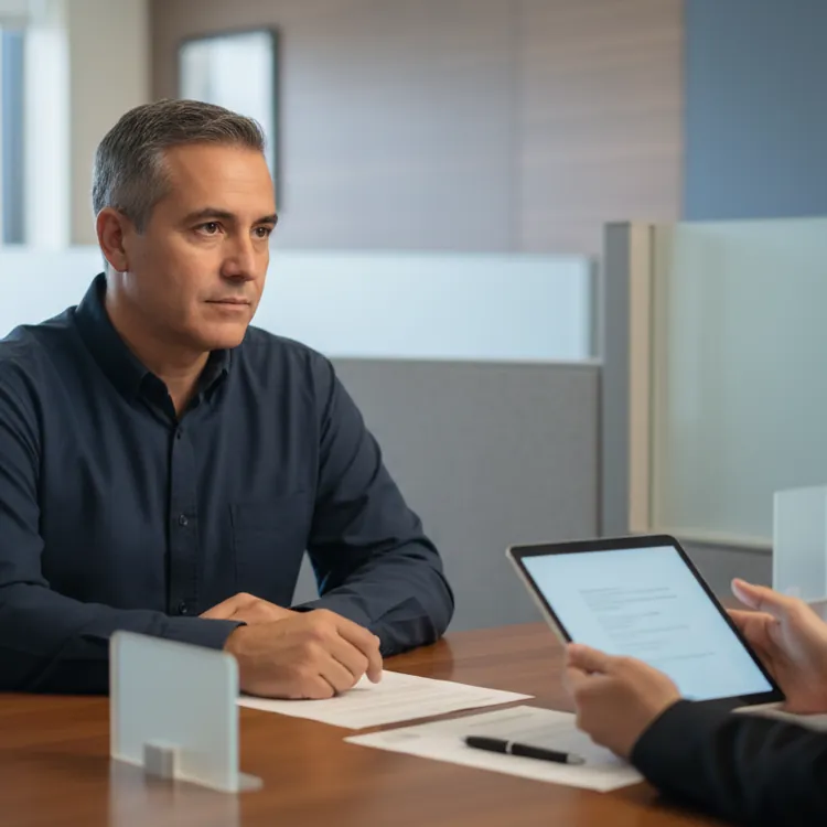 A customer consults with a financial advisor in a modern office setting.