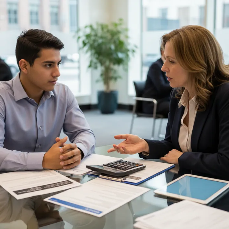 A financial advisor helps a client review important documents in a modern office.