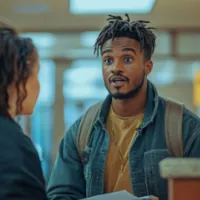 a man holding paperwork while talking to a woman in front of him