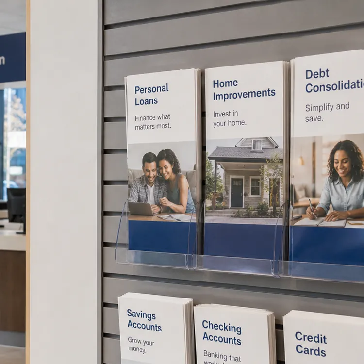 Bank lobby with brochures, ATM, self-service kiosk, and seating area