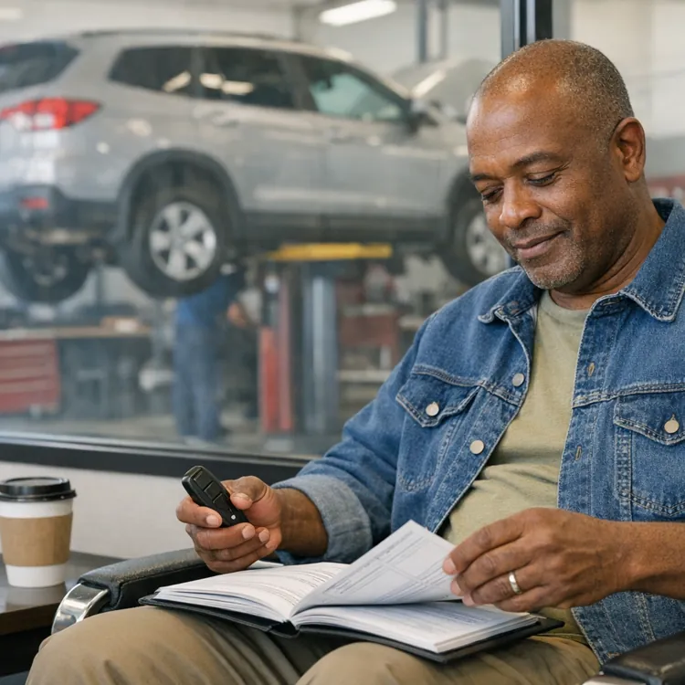 Man reading in waiting area with coffee while car is serviced in background