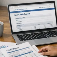 Woman reviewing a credit report on a laptop at a wooden desk with printed documents and a coffee mug.